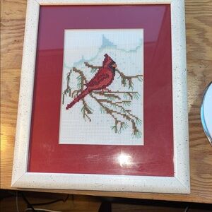 Framed Cardinal‎ Bird Winter Evergreen Cross-Stitch Art 8.5x11”